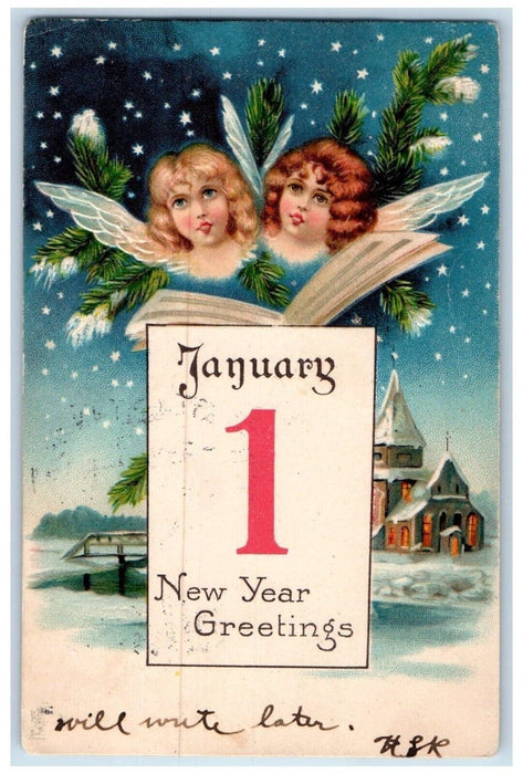 1905 New Year Greetings January 1 Angels Head Pine Snow Embossed Tuck's Postcard