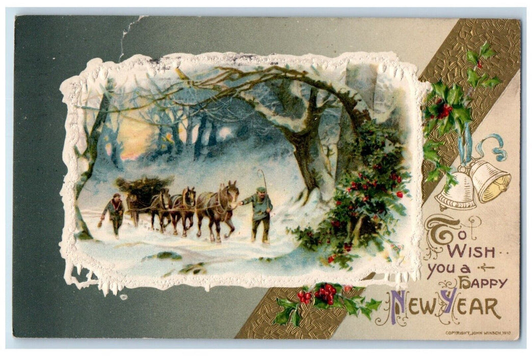 1911 New Year Winter Snow Horse Sleigh John Winsch Artist Signed Posted Postcard