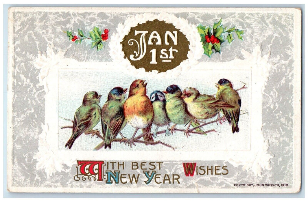 1913 New Year Jan. 1st Birds Singing John Winsch Embossed Artist Signed Postcard