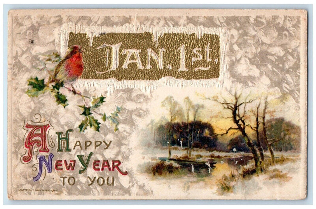 1910 New Year Jan. 1st Canoe River Winter John Winsch Artist Signed Postcard