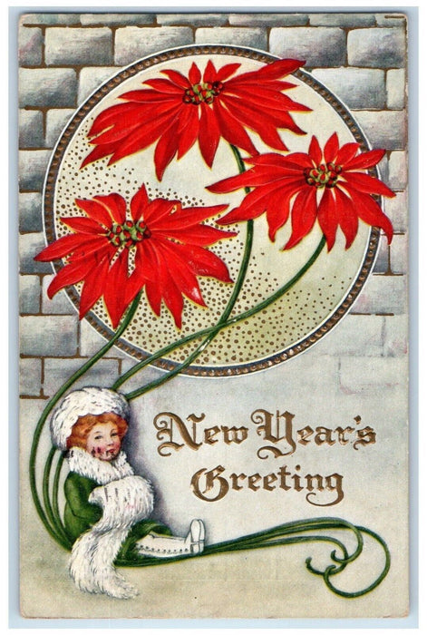 1911 New Year Greetings Girl Handwarmer Sitting In Pointessia Flowers Postcard