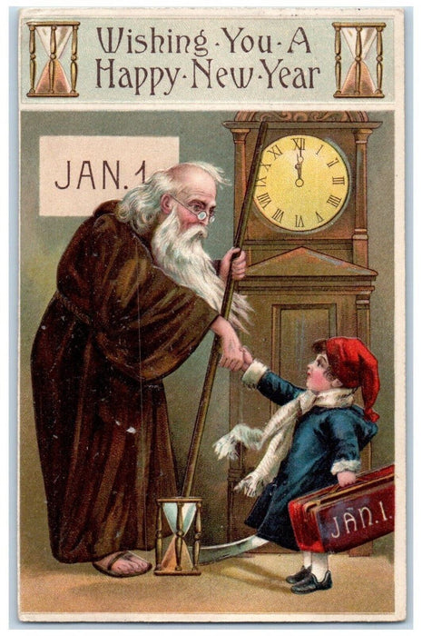 1910 New Year Old Man Time Little Boy Handshake Jan. 1 Clock Chicago IL Postcard