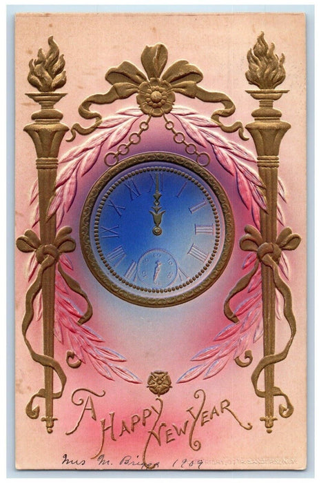 1909 New Year Clock Torch Art Nouveau Embossed Posted Antique Postcard