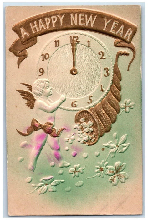 c1910's New Year Angel Clock Cornucopia Shamrock Embossed Antique Postcard