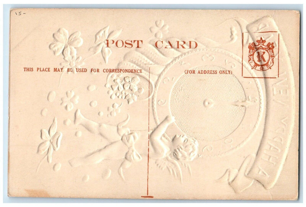 c1910's New Year Angel Clock Cornucopia Shamrock Embossed Antique Postcard