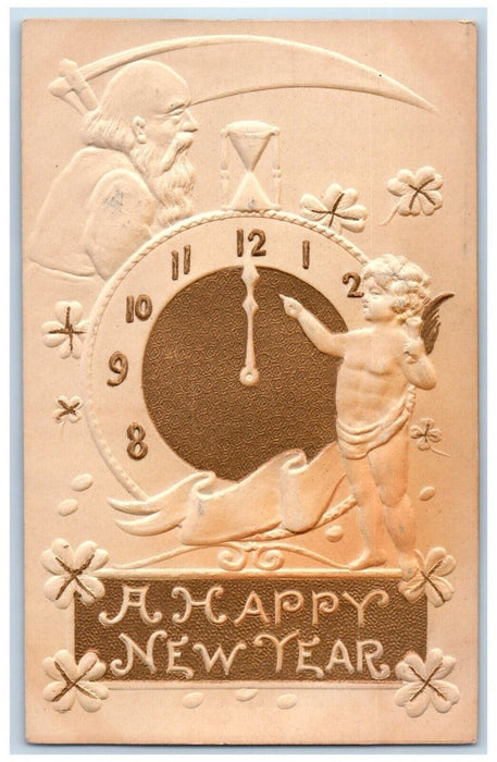 c1910's New Year Angel Clock Shamrock Old Man Time Hourglass Embossed Postcard
