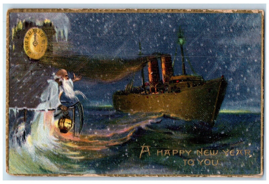 c1910's New Year Old Man Clock Steamer Ship Coldwater Michigan MI Postcard