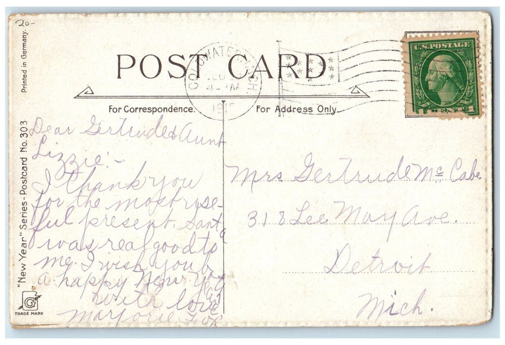 c1910's New Year Old Man Clock Steamer Ship Coldwater Michigan MI Postcard