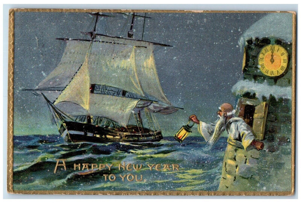 1913 New Year Old Man Hourglass Clock Lamp Sailing Ship Posted Antique Postcard