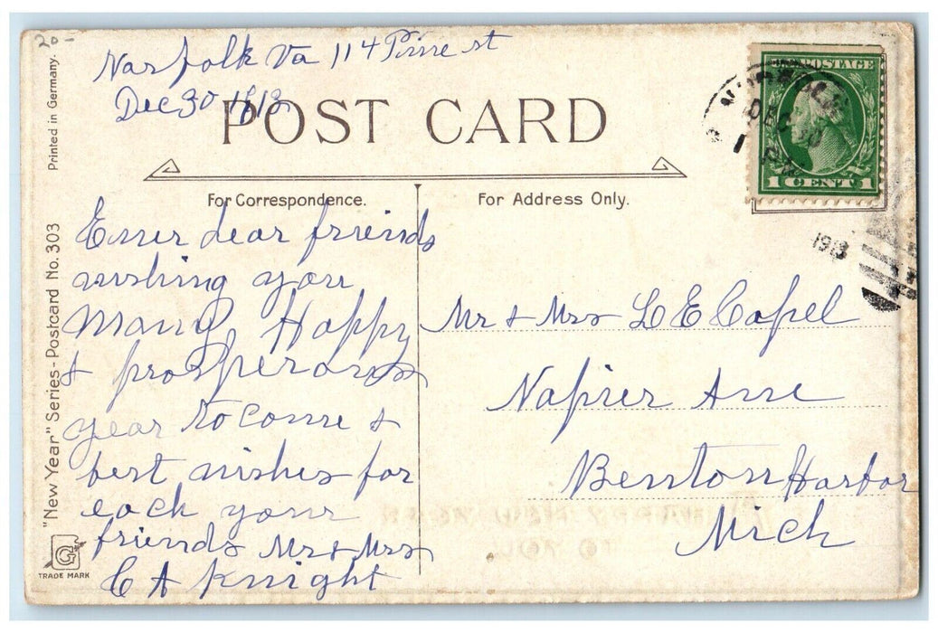 1913 New Year Old Man Hourglass Clock Lamp Sailing Ship Posted Antique Postcard