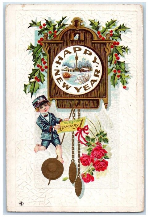 c1910's New Year Little Boy Mailman Ringing Clock Holly Berries Flowers Postcard