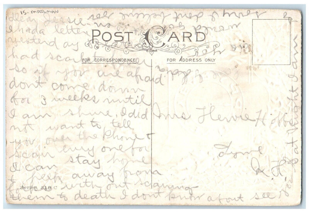 c1910's New Year Little Boy Mailman Ringing Clock Holly Berries Flowers Postcard