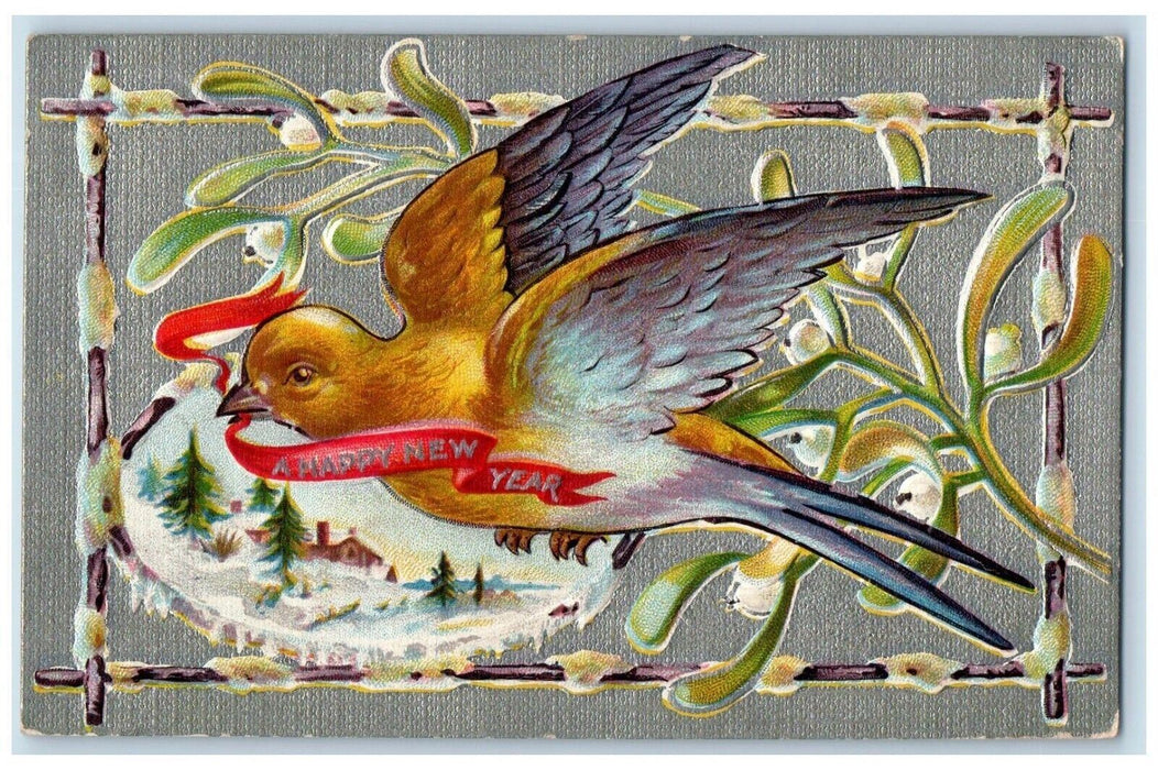 c1910's New Year Bird Holly Pine Tree Winter Snow Embossed Antique Postcard