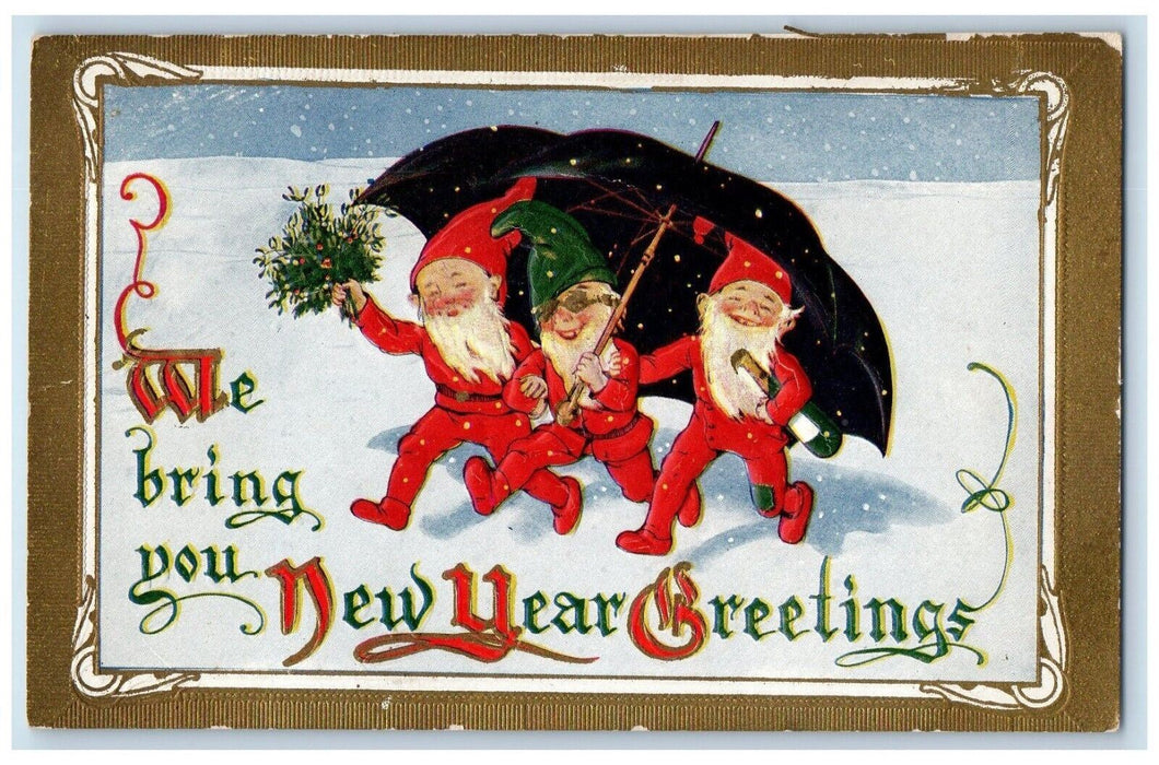c1910's New Year Greetings Three Elves Umbrella Holly Winter Snow Postcard