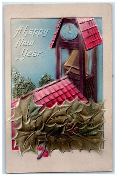 c1910's New Year Holly Berries Ringing Bell Airbrushed Embossed Antique Postcard