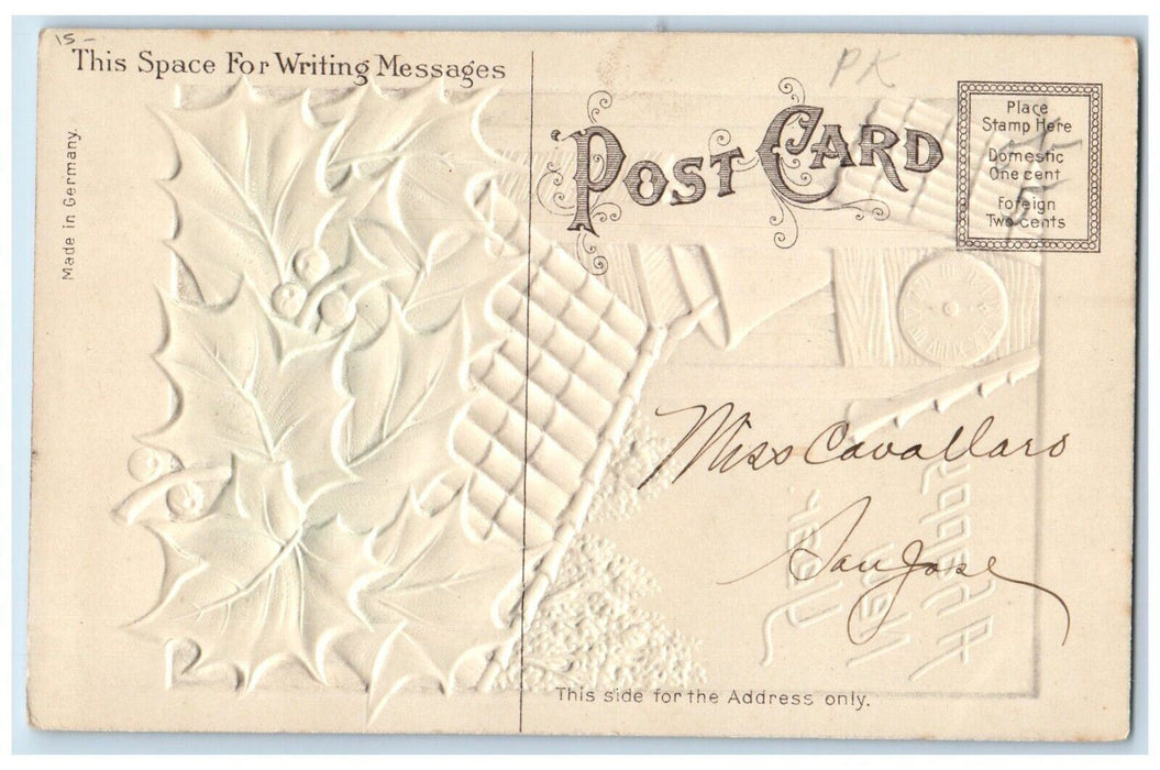c1910's New Year Holly Berries Ringing Bell Airbrushed Embossed Antique Postcard