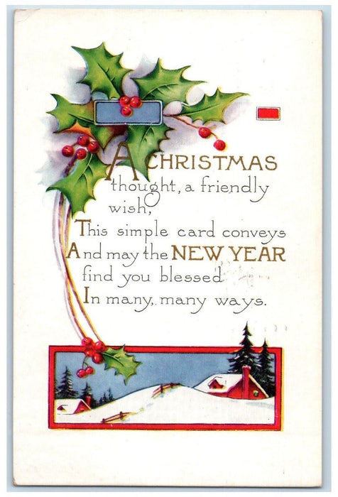 1919 New Year Holly Berries House Winter Snow Aurora Illinois IL Postcard