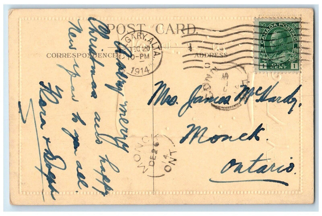 1914 New Year Poem Trees House Embossed Calgary Alta Posted Antique Postcard