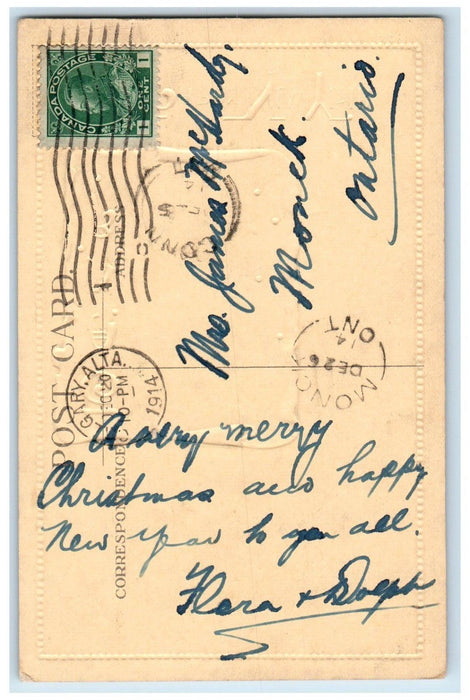1914 New Year Poem Trees House Embossed Calgary Alta Posted Antique Postcard