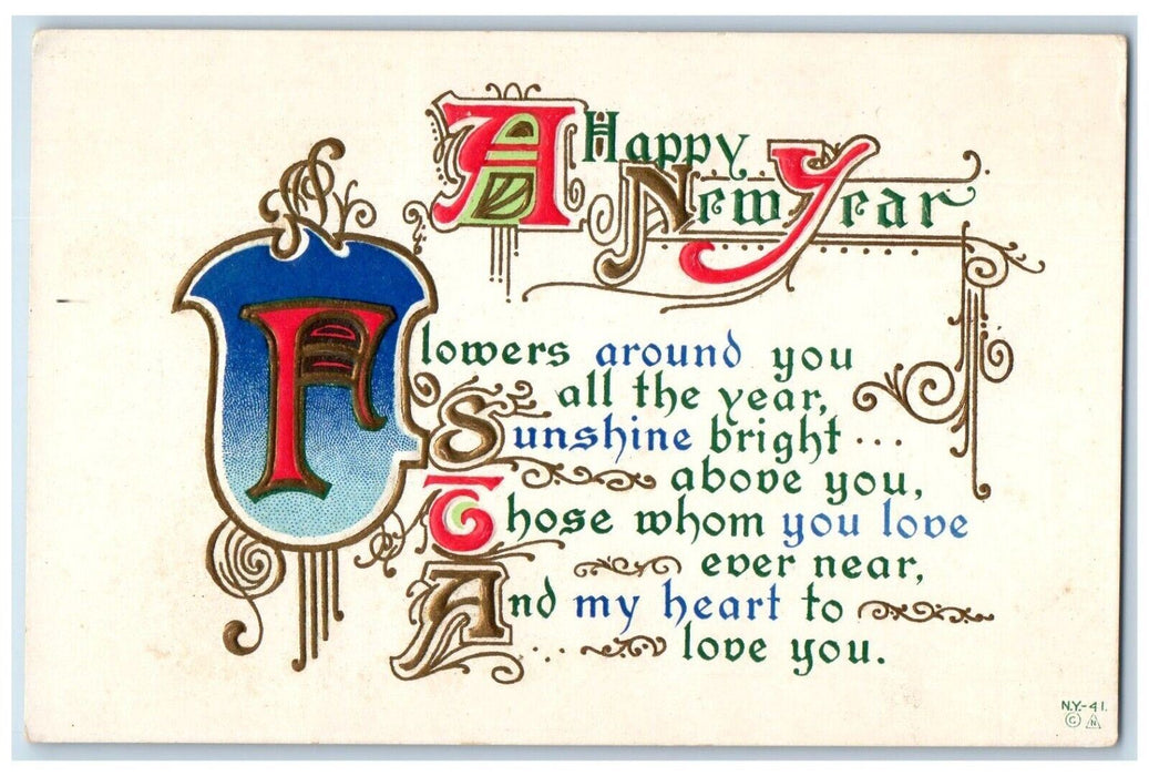 c1910's Happy New Year Poem Embossed Unposted Antique Postcard