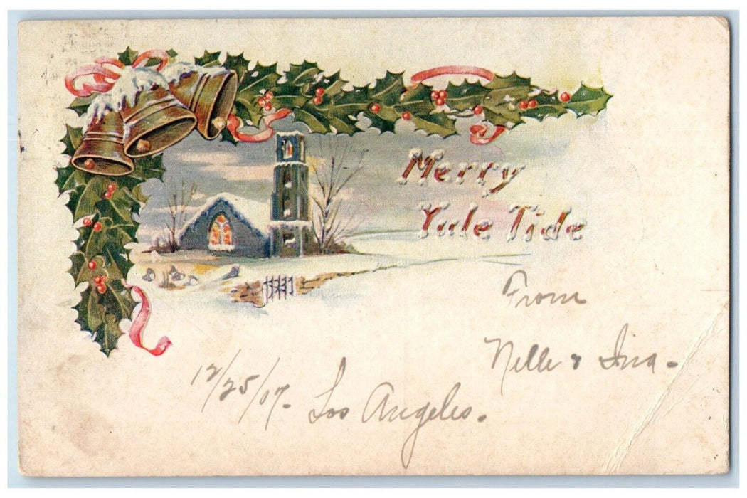 1907 New Year Holly Berries Bells Snow Winter Church Embossed Antique Postcard