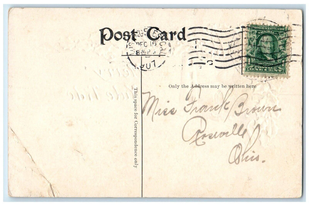 1907 New Year Holly Berries Bells Snow Winter Church Embossed Antique Postcard