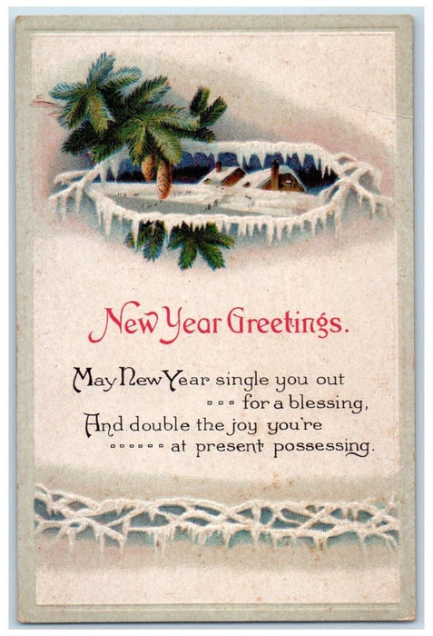 1917 New Year Greetings Pine Cone Winter Snow Clapsaddle (?) Embossed Postcard