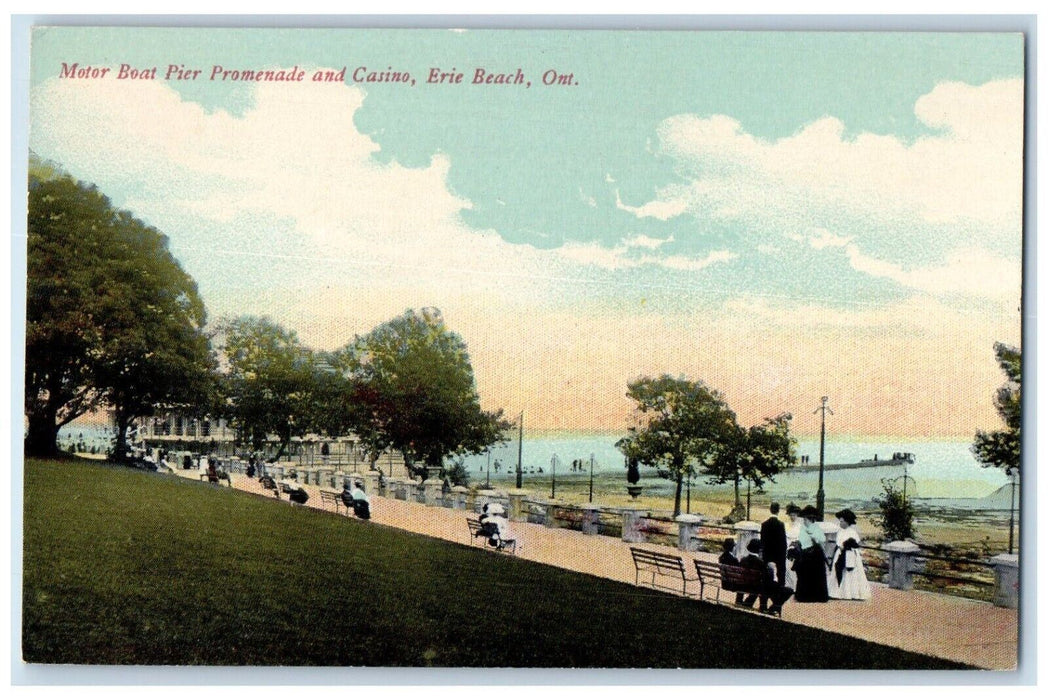 c1910 Motor Boat Pier Promenade Casino Erie Beach Ontario Canada CA Postcard