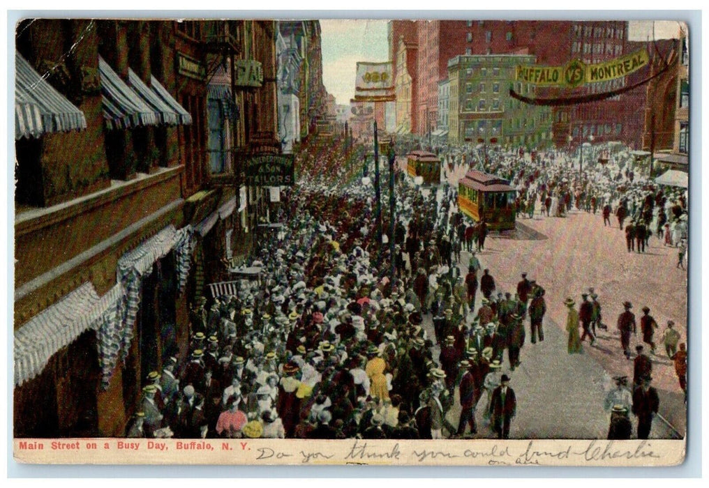 1910 Main Street on a Busy Day Crowd Streetcars Buffalo New York NY Postcard