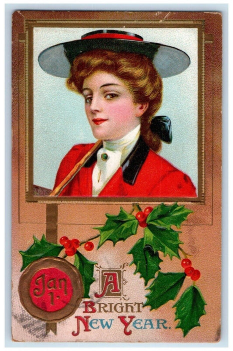 c1910's New Year Jan 1. Victorian Girl Holly Embossed Maywood IL Jockey Postcard