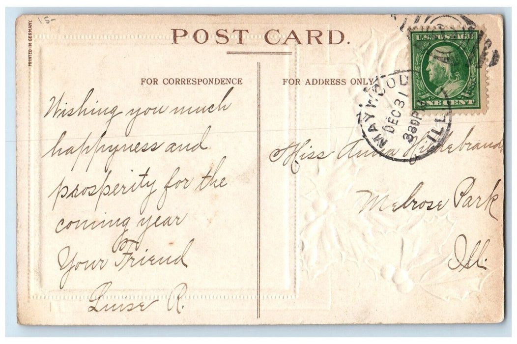 c1910's New Year Jan 1. Victorian Girl Holly Embossed Maywood IL Jockey Postcard