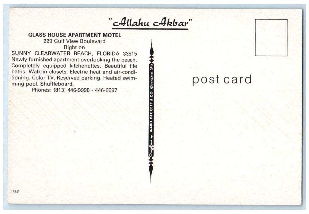 c1960's Allahu Akbar Glass House Apartment Motel Clearwater Beach FL Postcard
