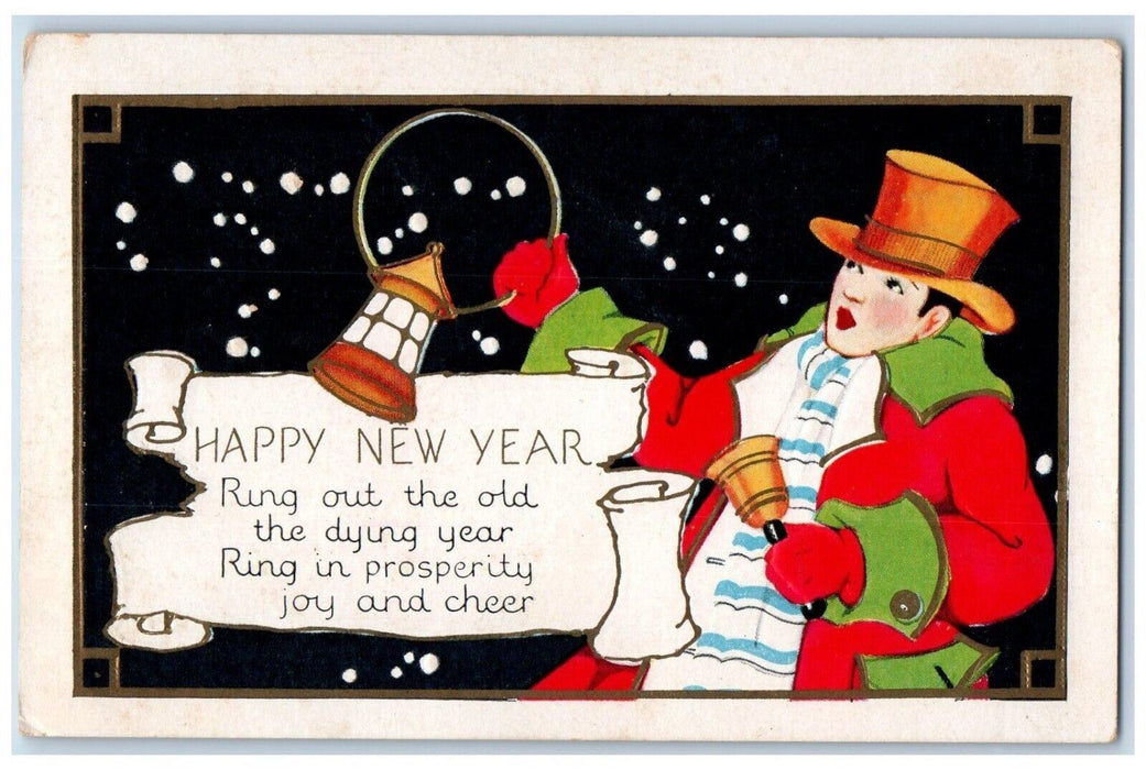 c1910's New Year Girl Ring Bell Lantern Embossed Unposted Antique Postcard