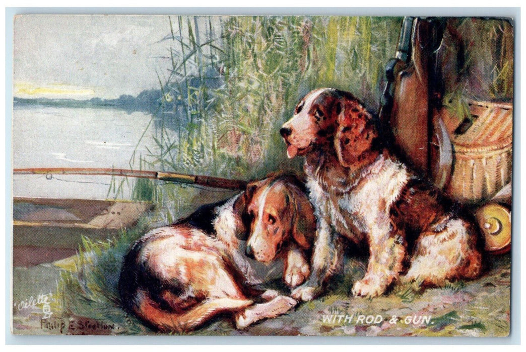 c1910 With Rod & Gun Dogs Gun Fishing Rod Basket Oilette Tuck Art Postcard