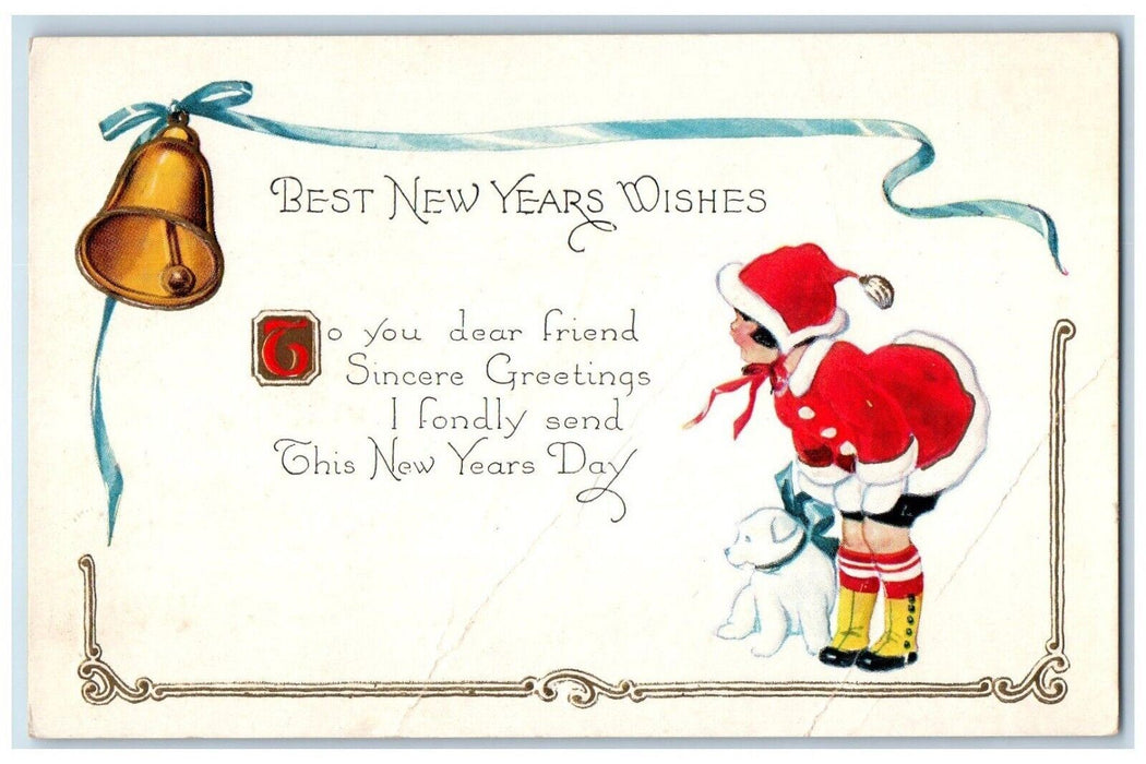 c1910's New Year Little Girl Santa Dog Bell Blue Ribbon Embossed Posted Postcard