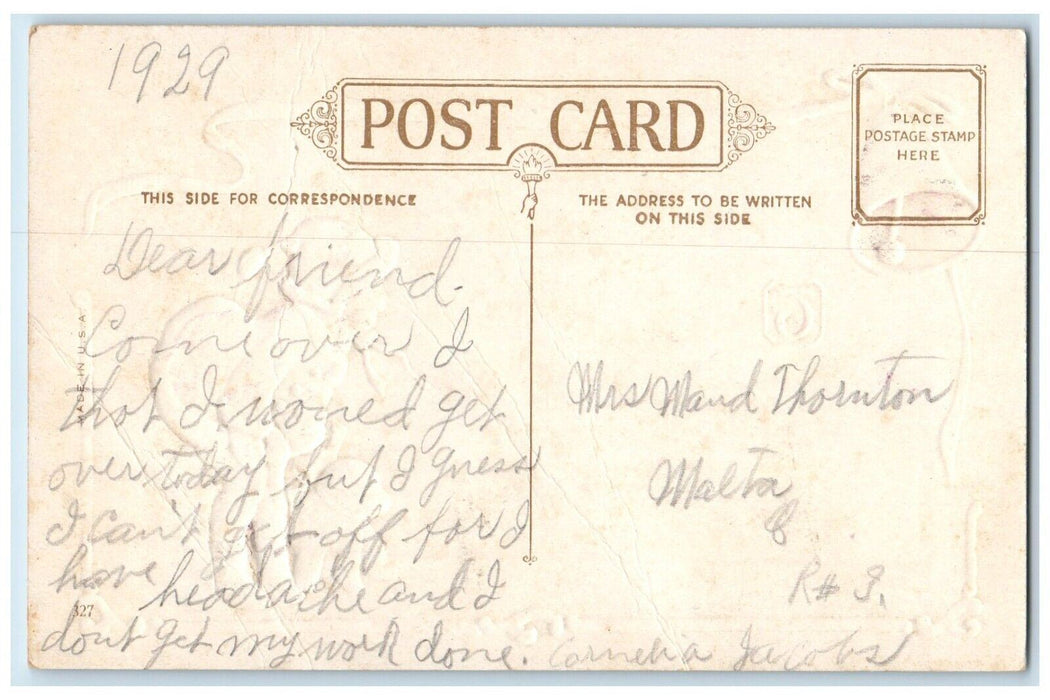 c1910's New Year Little Girl Santa Dog Bell Blue Ribbon Embossed Posted Postcard