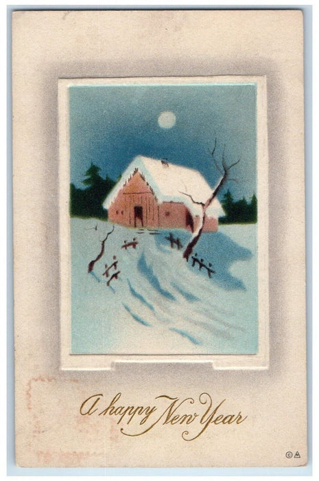 c1910's New Year Winter Snow House Moon View Embossed Unposted Antique Postcard