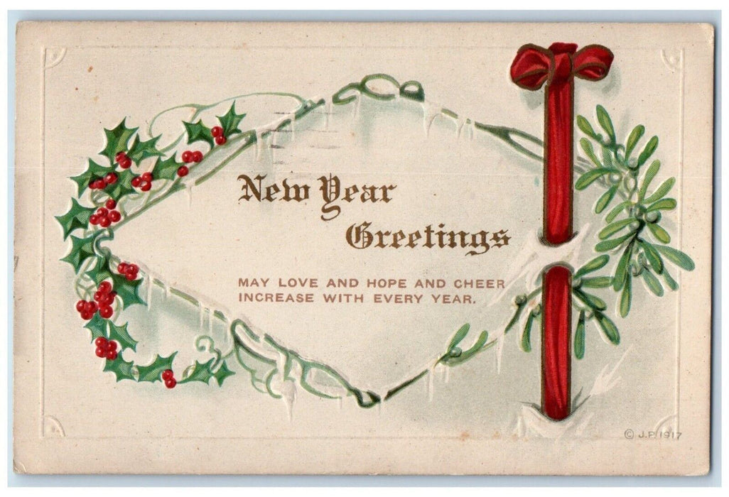 1910 New Year Greetings Holly Berries Ribbon Embossed Posted Antique Postcard