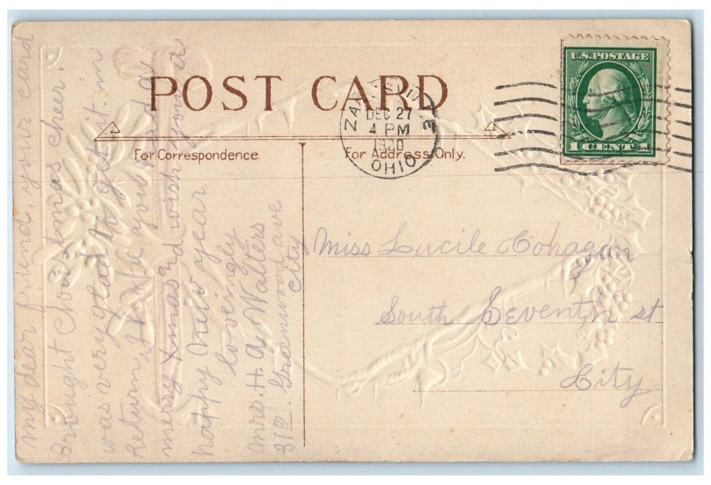 1910 New Year Greetings Holly Berries Ribbon Embossed Posted Antique Postcard
