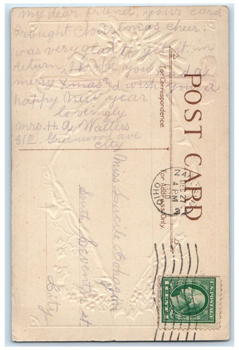 1910 New Year Greetings Holly Berries Ribbon Embossed Posted Antique Postcard