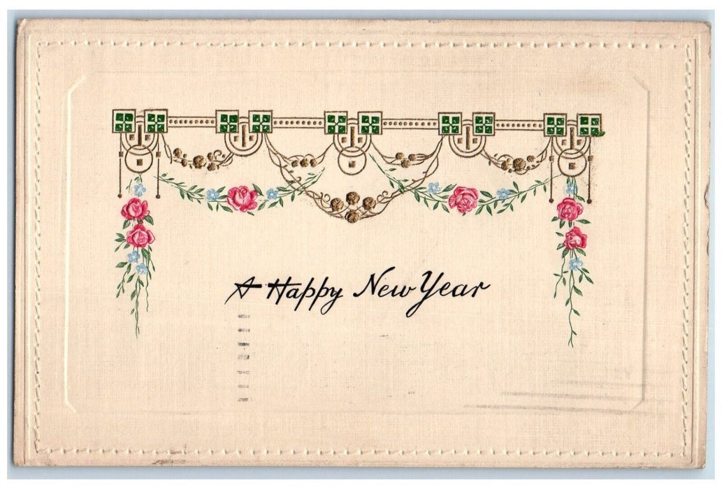 1910 Happy New Year Pink Roses Flowers Embossed Chicago IL Antique Postcard
