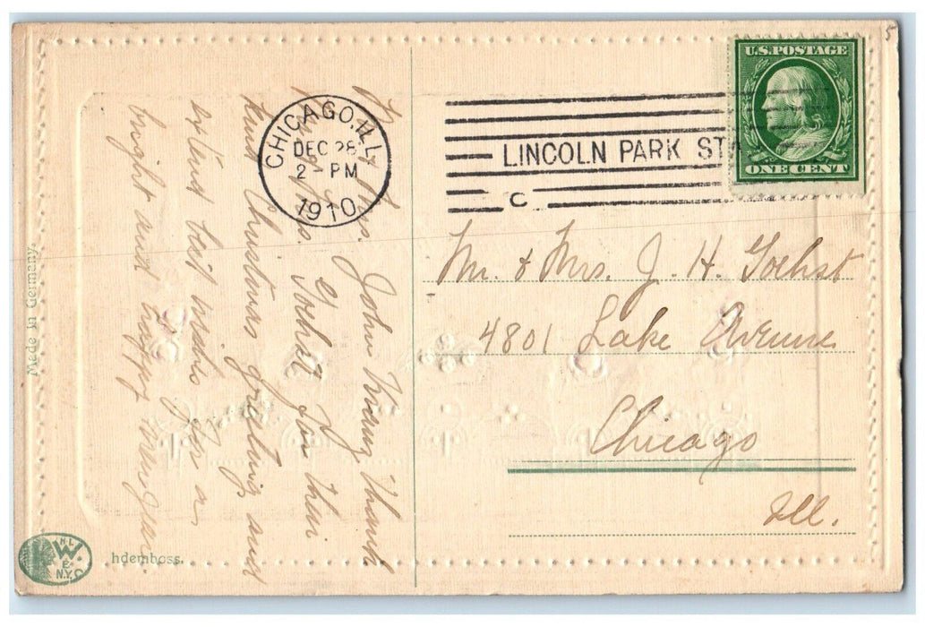 1910 Happy New Year Pink Roses Flowers Embossed Chicago IL Antique Postcard