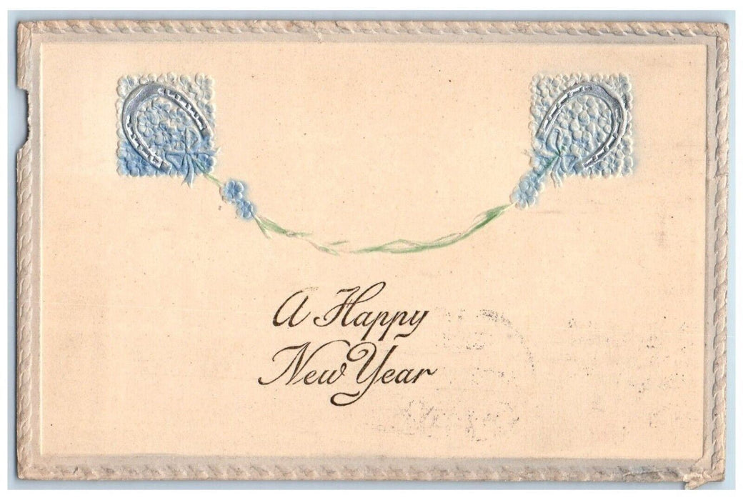 1912 Happy New Year Horseshoe Pansies Flowers Embossed Chicago IL Postcard