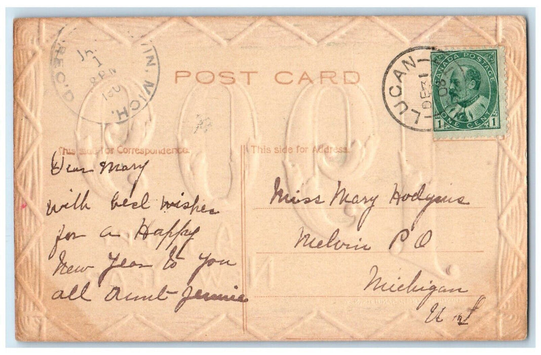 1909 New Year Large Numbers Embossed Posted Antique Postcard