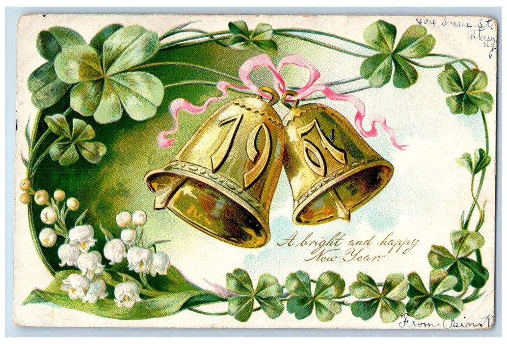1906 New Year Ringing Bells Shamrock Holly Flowers Embossed Antique Postcard