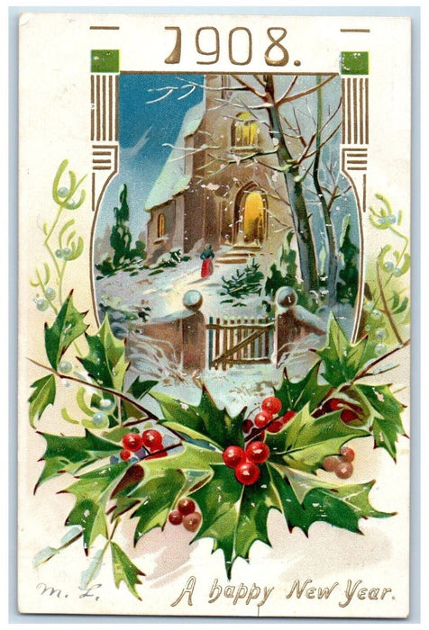 1908 New Year Holly Winter Snow Girl Church Embossed Tuck's Antique Postcard