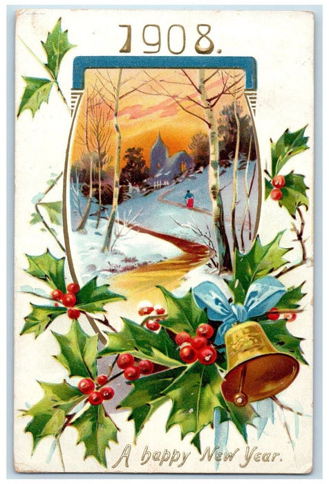 1908 New Year Holly Winter Snow Bell Embossed Tuck's Posted Antique Postcard