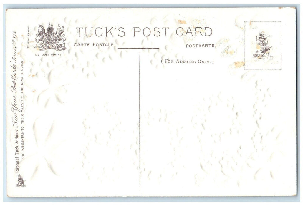 1908 New Year Large Numbers Pansies Flowers Shamrock Embossed Tuck's Postcard
