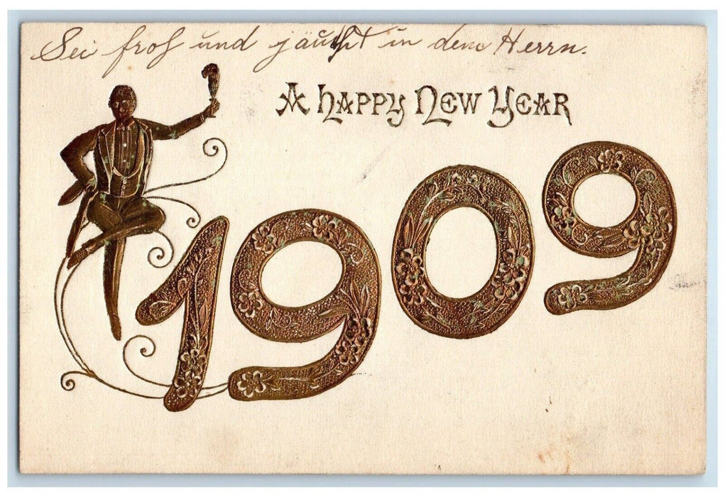 1909 New Year Large Numbers Champagne Toast Embossed Antique Postcard