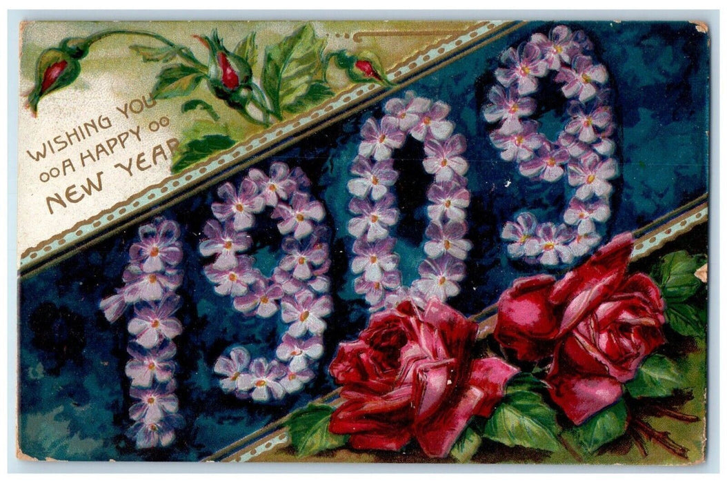 1909 New Year Large Numbers Pansies Flowers Roses Embossed Antique Postcard